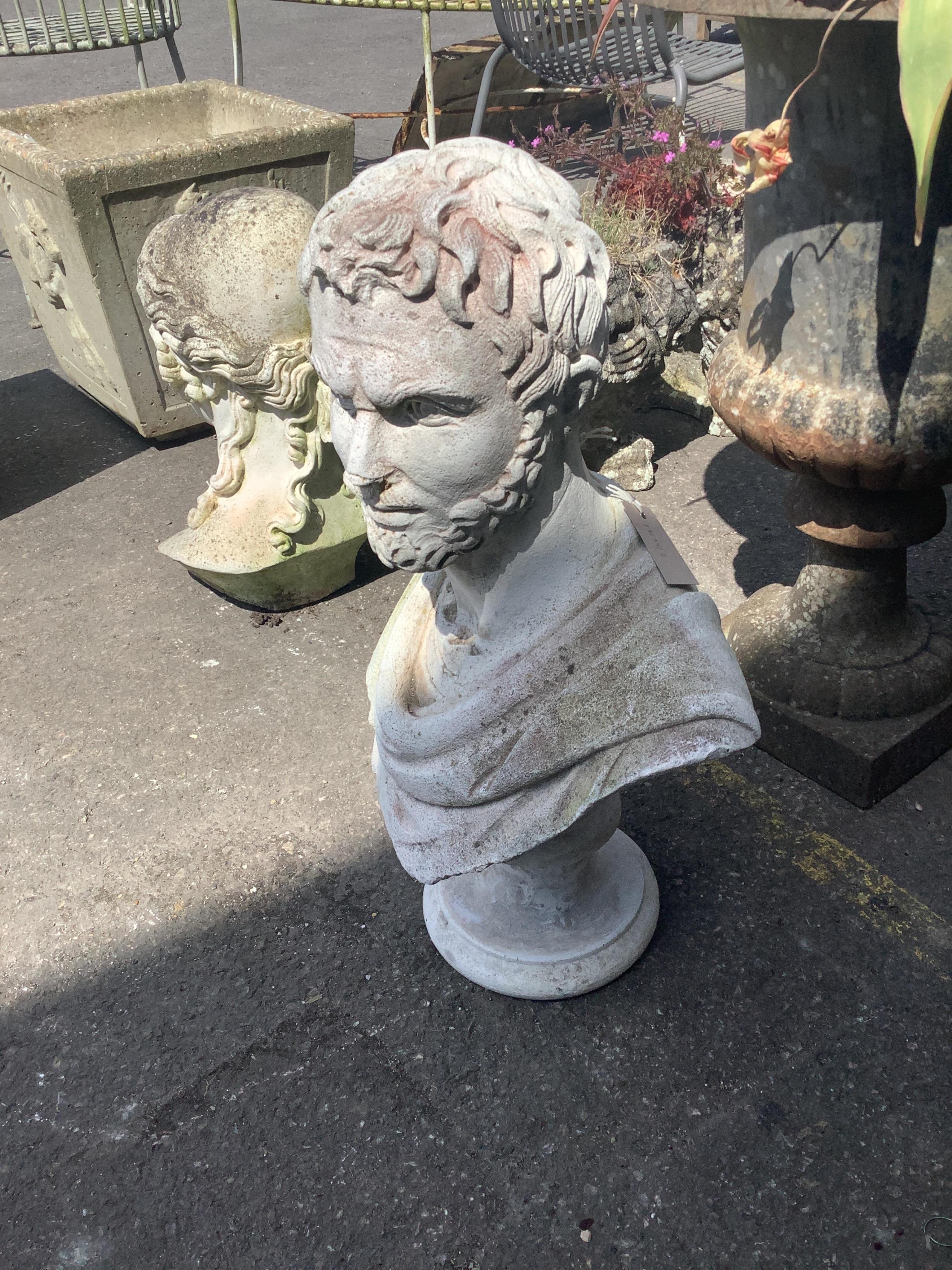 A reconstituted stone classical Roman bust garden ornament, height 62cm